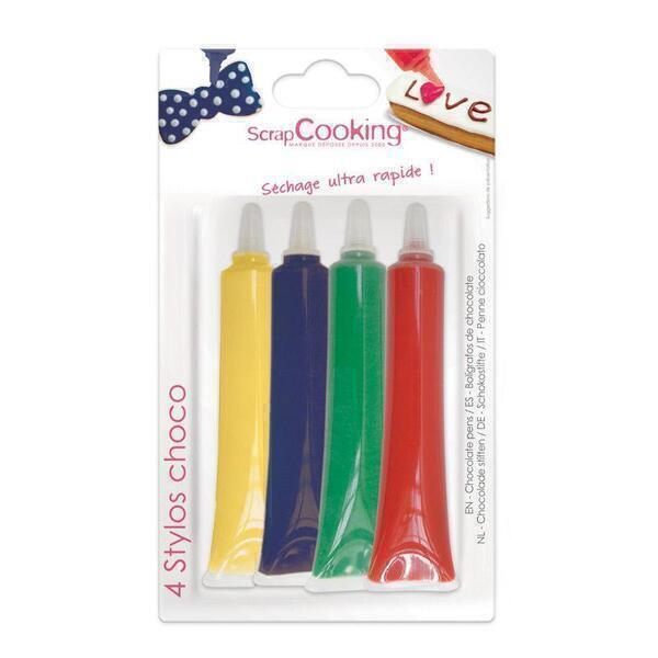 ScrapCooking - 4 stylos chocolat - Rouge, bleu, vert, et jaune - 4 x 25 g