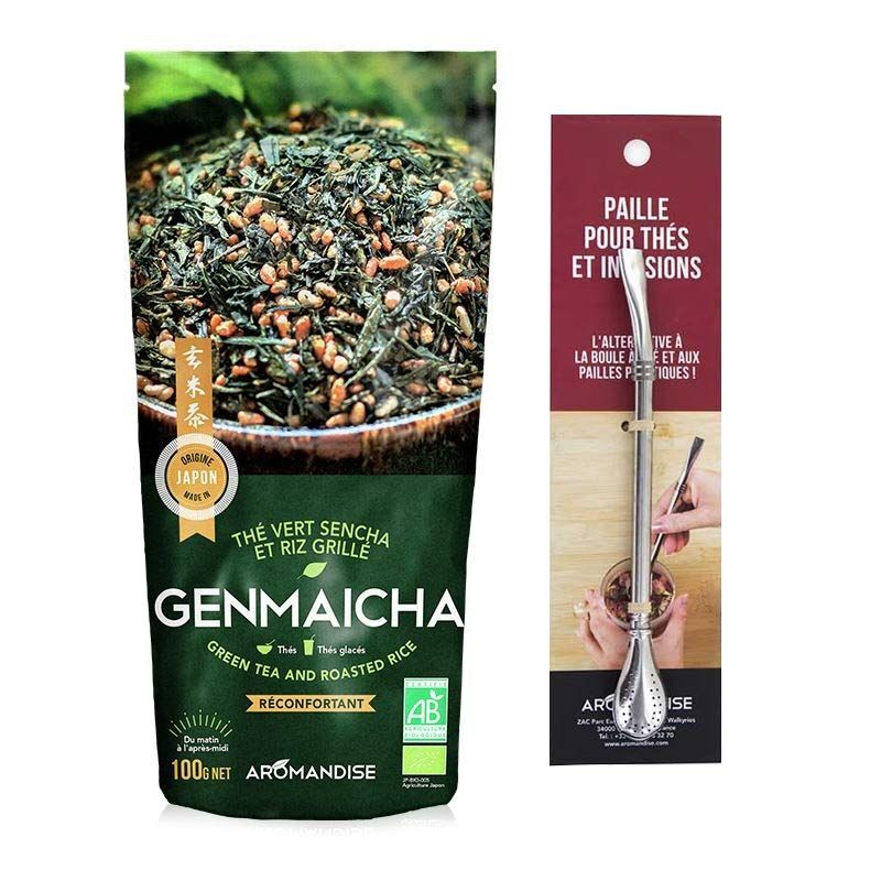 Aromandise - Thé vert Bio et riz complet Genmaicha 100 g + paille inox avec