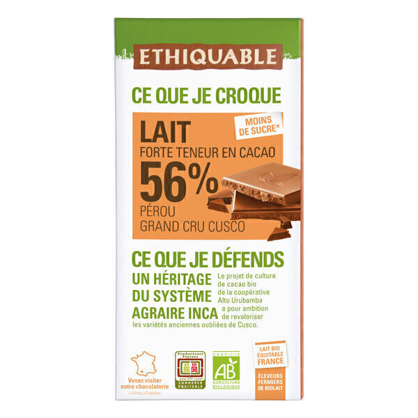 Ethiquable - Chocolat au lait 56% Pérou Bio 100g