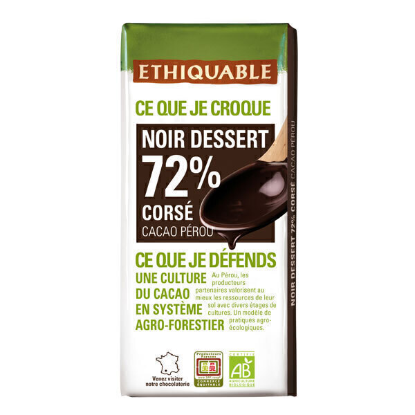 Ethiquable - Chocolat noir dessert corsé 72% Pérou Bio 200g