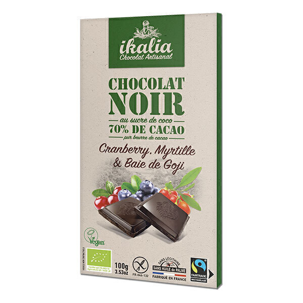 Ikalia - Tablette chocolat noir au sucre de fleur de coco et fruits 100g