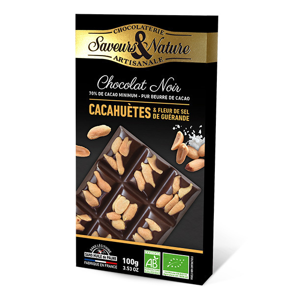 Saveurs & Nature - Tablette chocolat noir 70% fleur de sel cacahuètes 100g