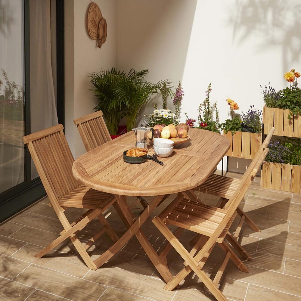 FOREST STYLE - Salon de jardin en teck : table ovale et 4 chaises pliables