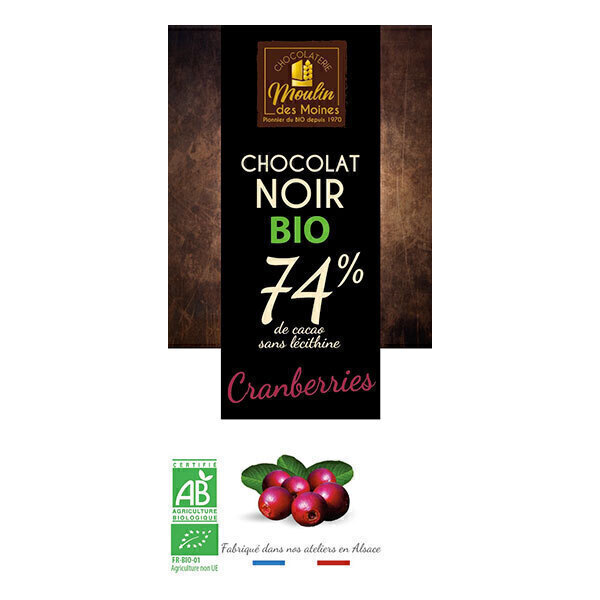 Moulin des Moines - Chocolat noir 74% aux cranberries 100g