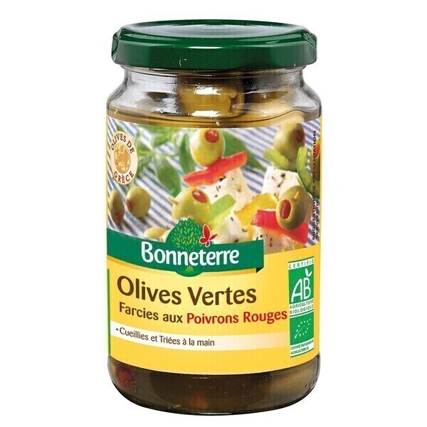 Bonneterre - Olives vertes fourrées aux poivrons rouges 190g bio