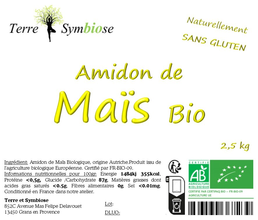 Terre Symbiose - 2,5 kg - Amidon de Maïs Biologique - Naturellement sans gluten