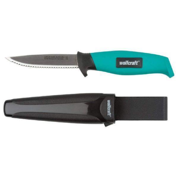 Wolfcraft - Couteau d'extérieur avec lame dentelée et étui