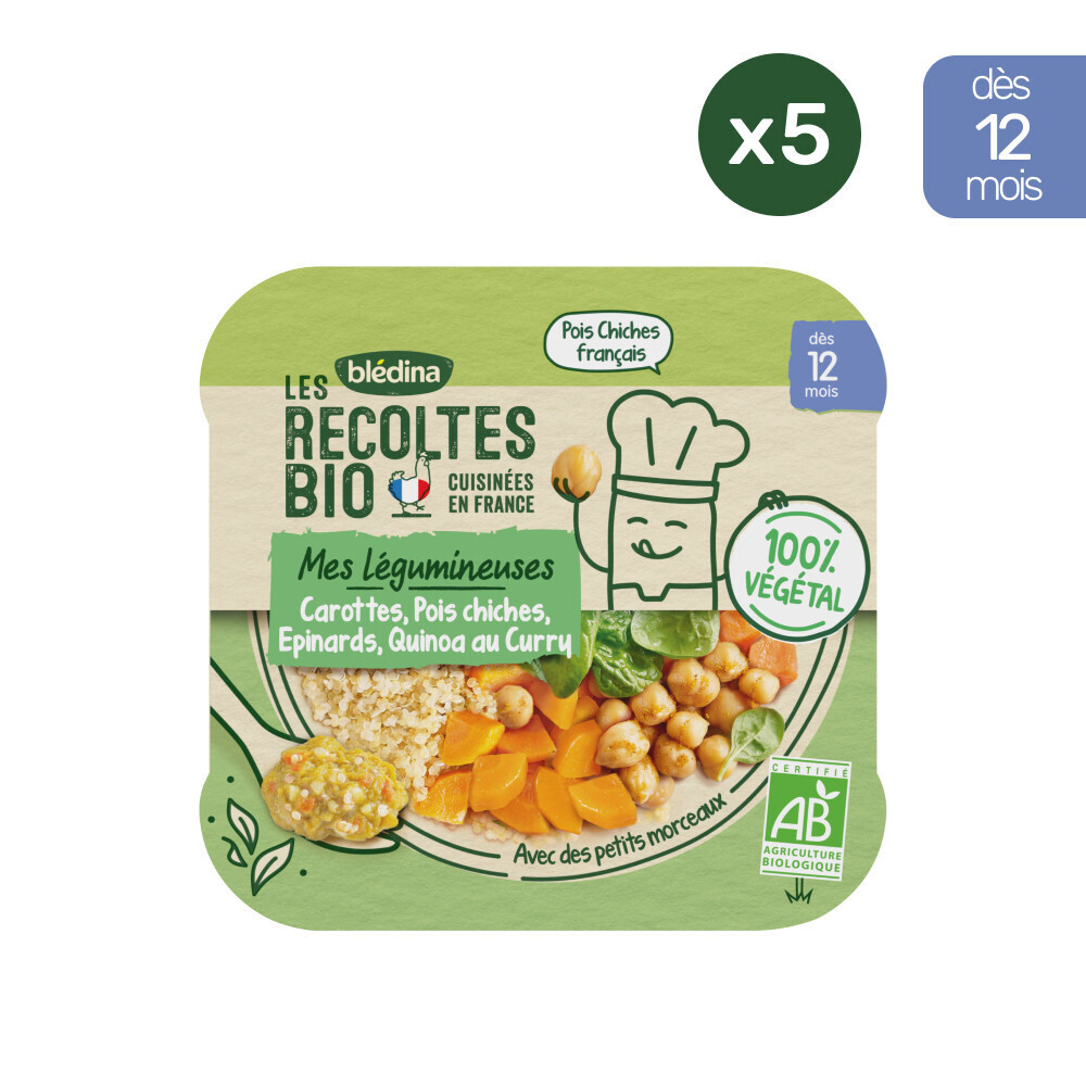 Les Récoltes bio - 5 Assiettes Carottes, Pois Chiches, Epinards, Quinoa 230g