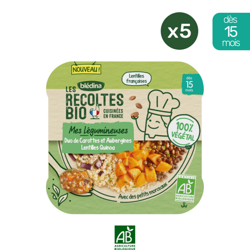Les Récoltes bio - 5 Assiettes Carottes, Aubergines, Lentilles, Quinoa 250g