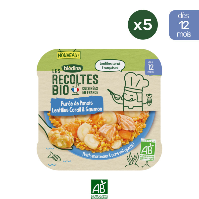 Les Récoltes bio - 5 Assiettes Purée de Panais, Lentilles Corail, Saumon 230g