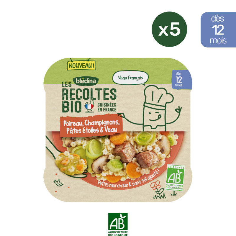Les Récoltes bio - 5 Assiettes Champignons, Pâtes, Veau 230g