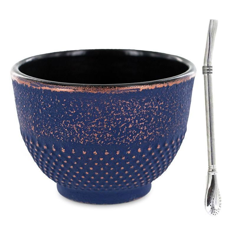 Aromandise - Tasse en fonte bleue et bronze 0,15 L + paille inox avec filtre