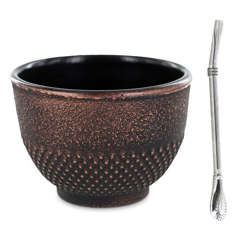 Aromandise - Tasse en fonte noire et bronze 0,15 L + paille inox avec filtre