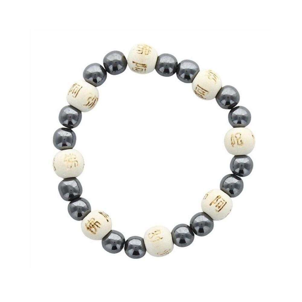 Omsaé - Bracelet Hématite Perles rondes 8 mm et Perles bois 1 cm