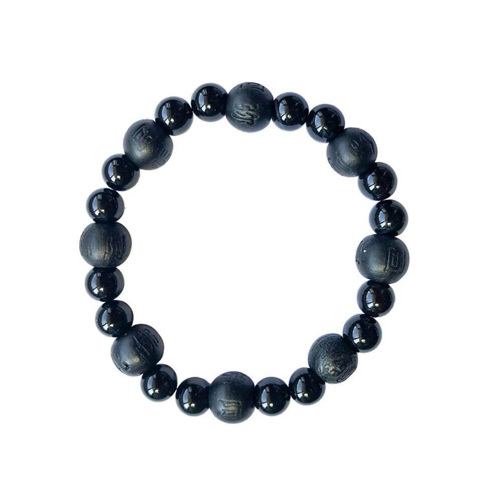Omsaé - Bracelet Onyx Perles rondes 8 mm et Perles bois teinté noir 1 cm