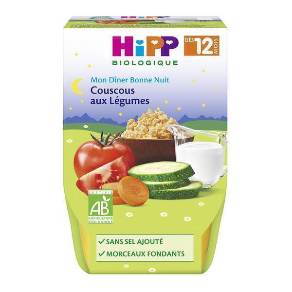 HiPP - 2 bols couscous aux légumes 12 mois 220g Mon Diner Bonne Nuit