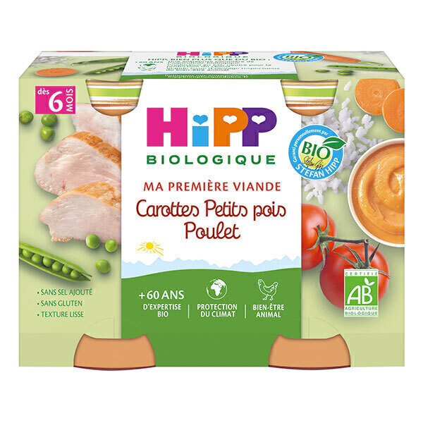 HiPP - 2 pots carottes petits pois poulet 6 mois 190g