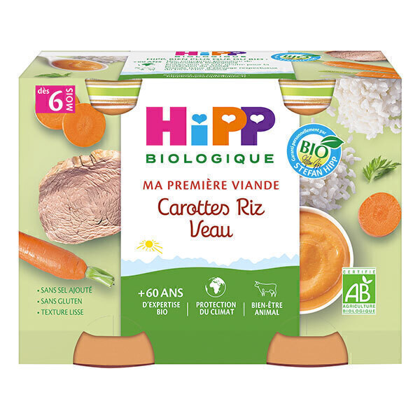 HiPP - 2 pots carottes riz veau 6 mois 190g