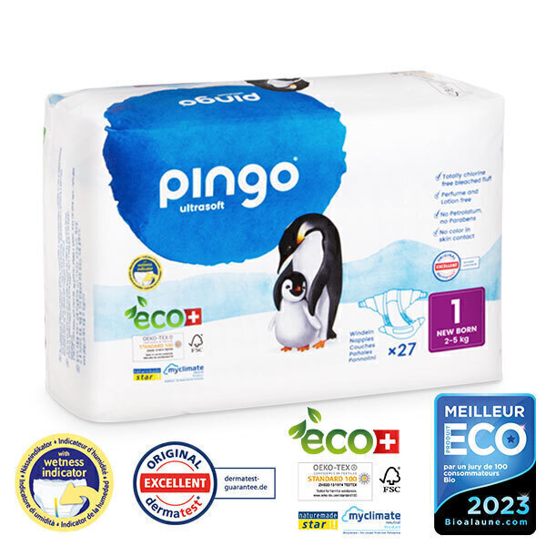Pingo - Pack 8 x 27 couches écologiques jetables T1 2-5 kg Pingo - Pack 8 x 27 couches écologiques jetables T1 2-5 kg