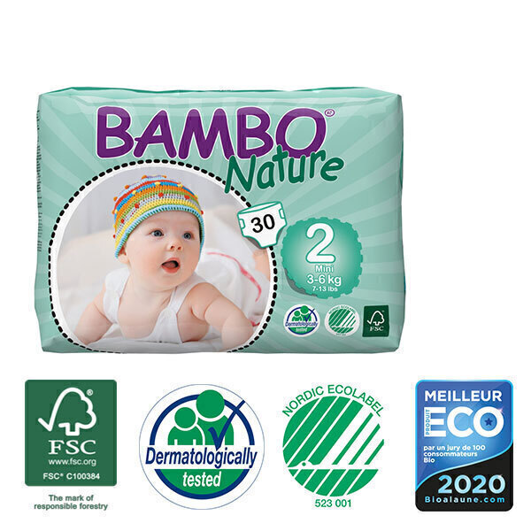 Bambo Nature - Pack 4 paquets 30 couches jetables T2 Mini 3-6 kg Bambo Nature - Pack 4 paquets 30 couches jetables T2 Mini 3-6 kg