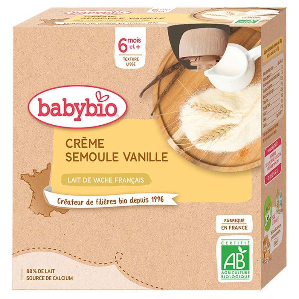 Babybio - Gourde Crème semoule vanille 4 x 90g - Dès 6 mois