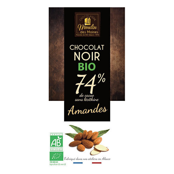 Moulin des Moines - Chocolat noir 74% bio aux amandes entières - 100g