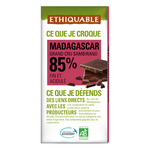 Ethiquable - Tablette chocolat noir 85% cacao Madagascar Bio 100g