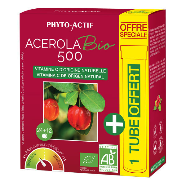 Phyto-Actif - Acérola 500 Bio 24 Comprimés + 1 Tube Offert - 36 Comprimés
