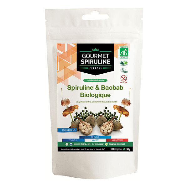 Gourmet Spiruline - Spiruline et Baobab BIO x 180 comprimés - 90g Gourmet Spiruline - Spiruline et Baobab BIO x 180 comprimés - 90g