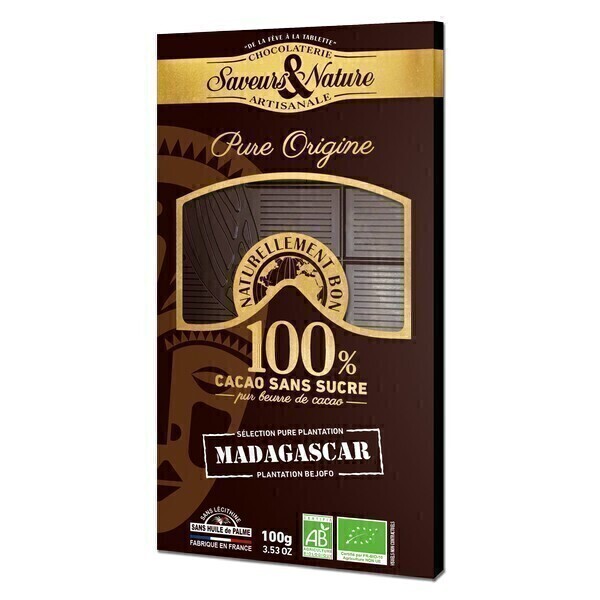 Saveurs & Nature - Tablette chocolat noir 100% Madagascar sans sucre 100g