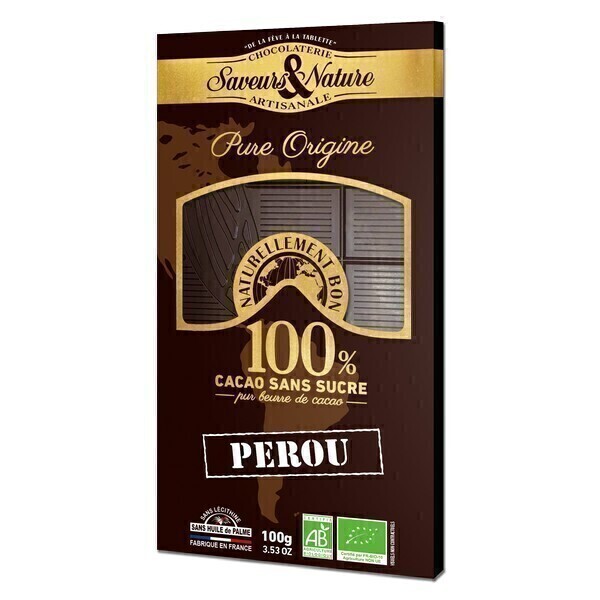 Saveurs & Nature - Tablette chocolat noir 100% Pérou sans sucre 100g