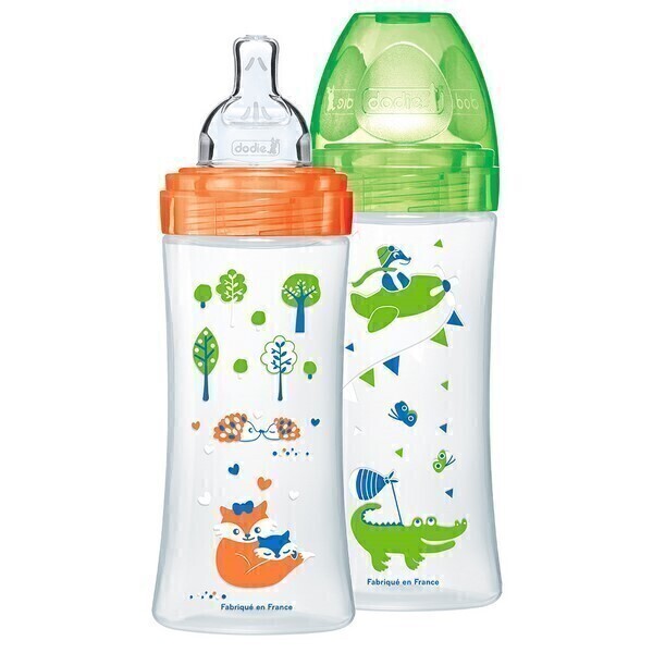 Dodie - 2 biberons Sensation+ 330ml +6m tétine plate débit 3 Vert Orange Dodie - 2 biberons Sensation+ 330ml +6m tétine plate débit 3 Vert Orange